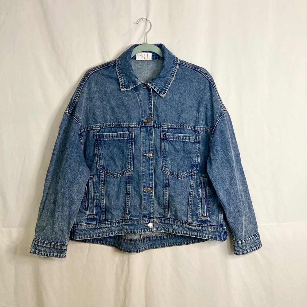 Tula J Oversized Distressed Denim Jean Trucker Jacket Medium Wash Blue S Utility